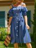 Solid Color Casual Cold Shoulder Flounce Button A Line Midi Summer Dress -  