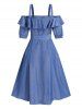 Solid Color Casual Cold Shoulder Flounce Button A Line Midi Summer Dress -  