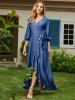 Chambray Long Sleeve Mock Button Ruffle High Low Self Belted Maxi Dress -  