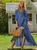 Chambray Long Sleeve Mock Button Ruffle High Low Self Belted Maxi Dress -  