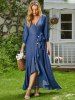 Chambray Long Sleeve Mock Button Ruffle High Low Self Belted Maxi Dress -  