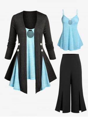 Colorblock Irregular Cardigan and Keyhole Top Set and Slit Wide Leg Pants Plus Size Outfit