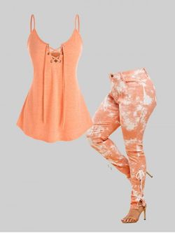 Tie Dye Lace-up Jeans and Tank Top Plus Size Outfit - LIGHT ORANGE