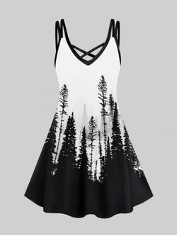 Plus Size Deep Woods Printed Crisscross Sleeveless A Line Dress - WHITE - L | US 12