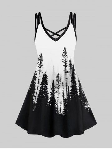 Plus Size Deep Woods Printed Crisscross Sleeveless A Line Dress