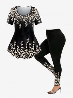 Leopard Print T-shirt and High Waist Animal Leopard Leggings Plus Size Outfit - BLACK