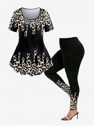 Leopard Print T-shirt and High Waist Animal Leopard Leggings Plus Size Outfit