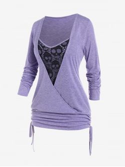 Plus Size Contrast Lace Skull Panel Cinched Ruched 2 in 1 Tee - LIGHT PURPLE - 2X | US 18-20