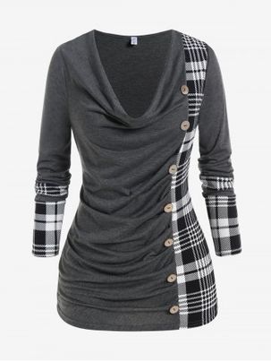 Plus Size Plaid Cowl Neck Draped Long Sleeves T-shirt with Buttons