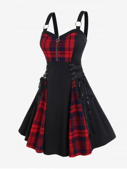 Lace Up Plaid Half Zipper Fit and Flare Gothic Dress - BLACK - 4X | US 26-28