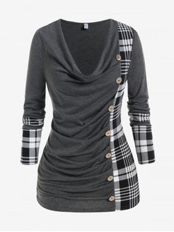 Plus Size Plaid Cowl Neck Draped Long Sleeves T-shirt with Buttons - GRAY - M | US 10