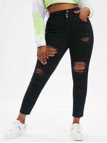 Lace Up Grommets Full Zipper Tank Top and Ripped Frayed Jeans Plus Size Outfit