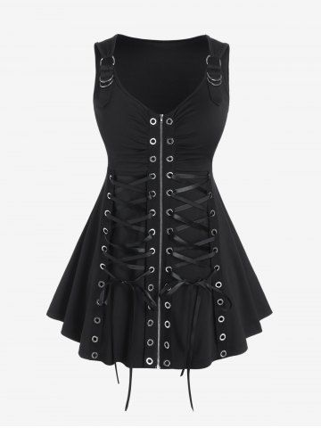 Lace Up Grommets Full Zipper Tank Top and Ripped Frayed Jeans Plus Size Outfit