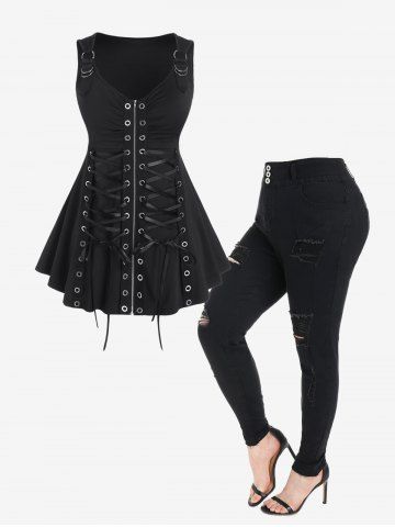 Lace Up Grommets Full Zipper Tank Top and Ripped Frayed Jeans Plus Size Outfit