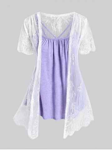 Plus Size Sheer Lace Open Front Top and Camisole Set - PURPLE - 1X | US 14-16