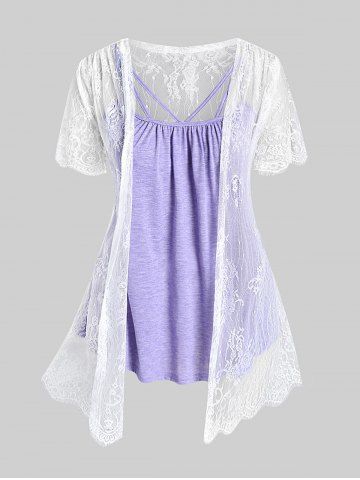 Plus Size Sheer Lace Open Front Top and Camisole Set - PURPLE - M | US 10