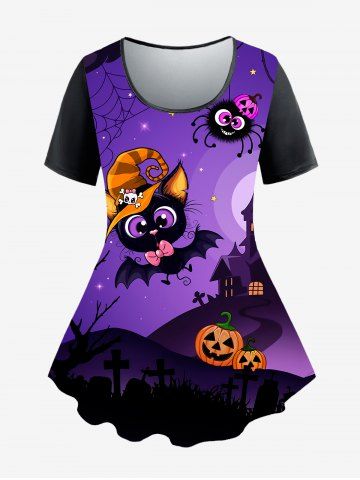 T-shirt D'Halloween à Imprimé Citrouille Chauve-souris et Araignée à Manches Courtes de Grande Taille - PURPLE - M | US 10
