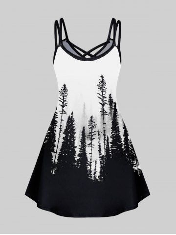 Plus Size Deep Woods Printed Crisscross Sleeveless A Line Dress