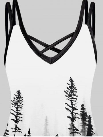 Plus Size Deep Woods Printed Crisscross Sleeveless A Line Dress