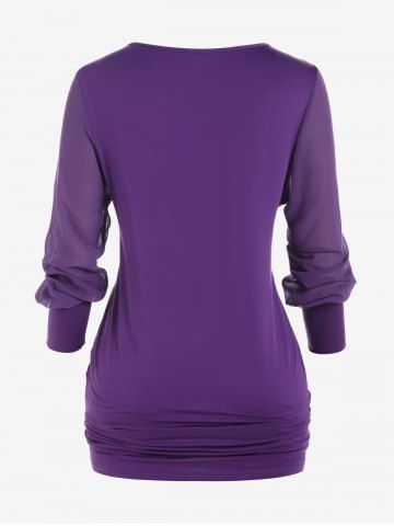 Plus Size Overlap Mesh Panel Ruched Tee