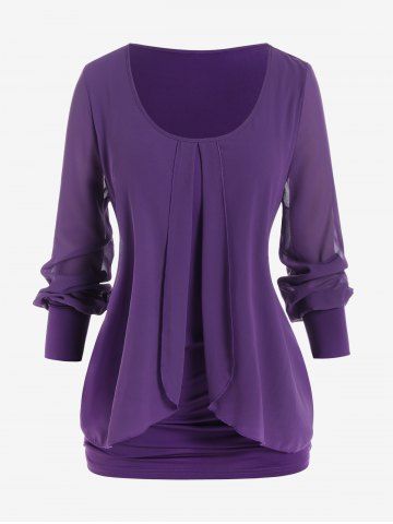 Plus Size Overlap Mesh Panel Ruched Tee