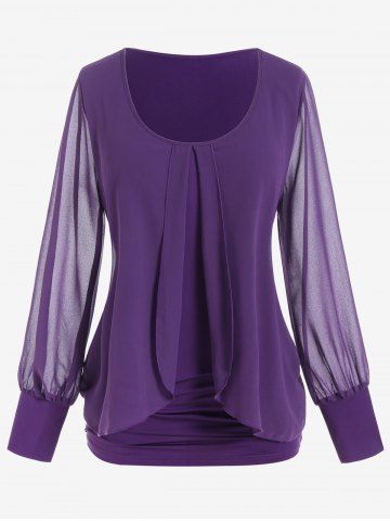 Plus Size Overlap Mesh Panel Ruched Tee