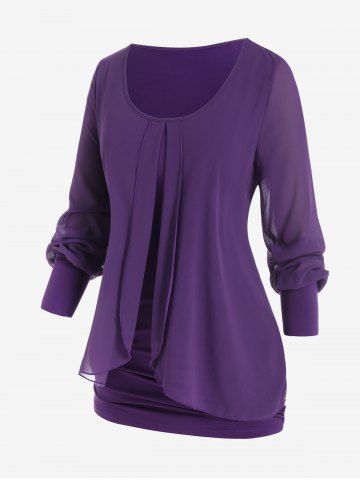 Plus Size Overlap Mesh Panel Ruched Tee