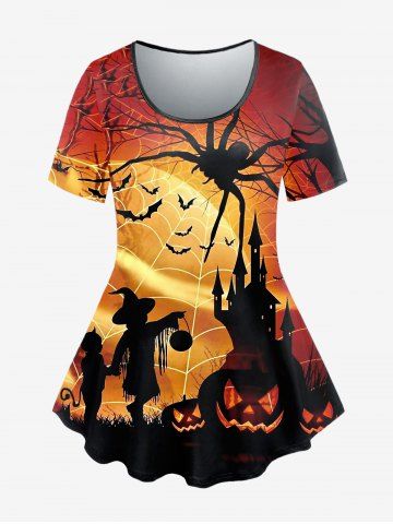 T-shirt D'Halloween à Imprimé Toile D'Araignée Chauve-souris et Citrouille de Grande Taille - COFFEE - 3X | US 22-24