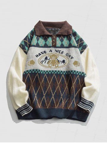 Bear Rhombus Pattern Buttons Sweater - DEEP COFFEE - S