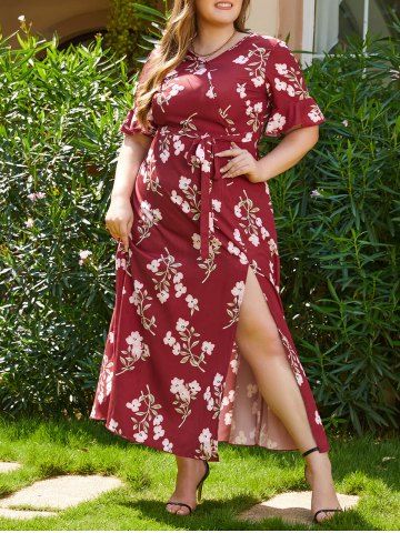 Plus Size Summer Floral Slit High Waist Self Belted A Line Maxi Vacation Casual Dress - RED - L