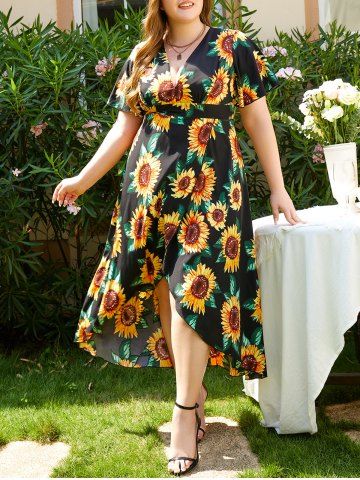 Plus Size & Curve Sunflower Print Plunging Neck High Low Maxi Summer Vacation Dress - BLACK - 1X