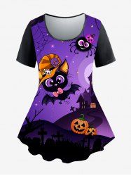 T-shirt D'Halloween à Imprimé Citrouille Chauve-souris et Araignée à Manches Courtes de Grande Taille - Pourpre  5x | US 30-32