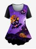 T-shirt D'Halloween à Imprimé Citrouille Chauve-souris et Araignée à Manches Courtes de Grande Taille - Pourpre  