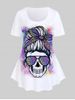 Gothic Short Sleeve Leopard Bun Skull Print T-shirt -  