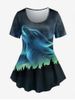 Plus Size Short Sleeve Wolf Forest Print T-shirt -  