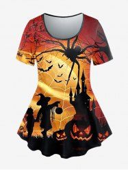 T-shirt D'Halloween à Imprimé Toile D'Araignée Chauve-souris et Citrouille de Grande Taille - café 5x | US 30-32