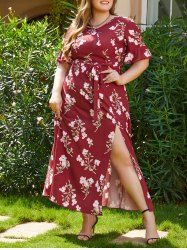 Plus Size Summer Floral Slit High Waist Self Belted A Line Maxi Vacation Casual Dress -  