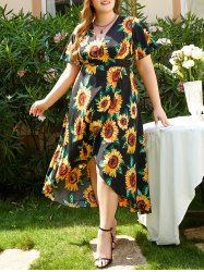 Plus Size & Curve Sunflower Print Plunging Neck High Low Maxi Summer Vacation Dress -  