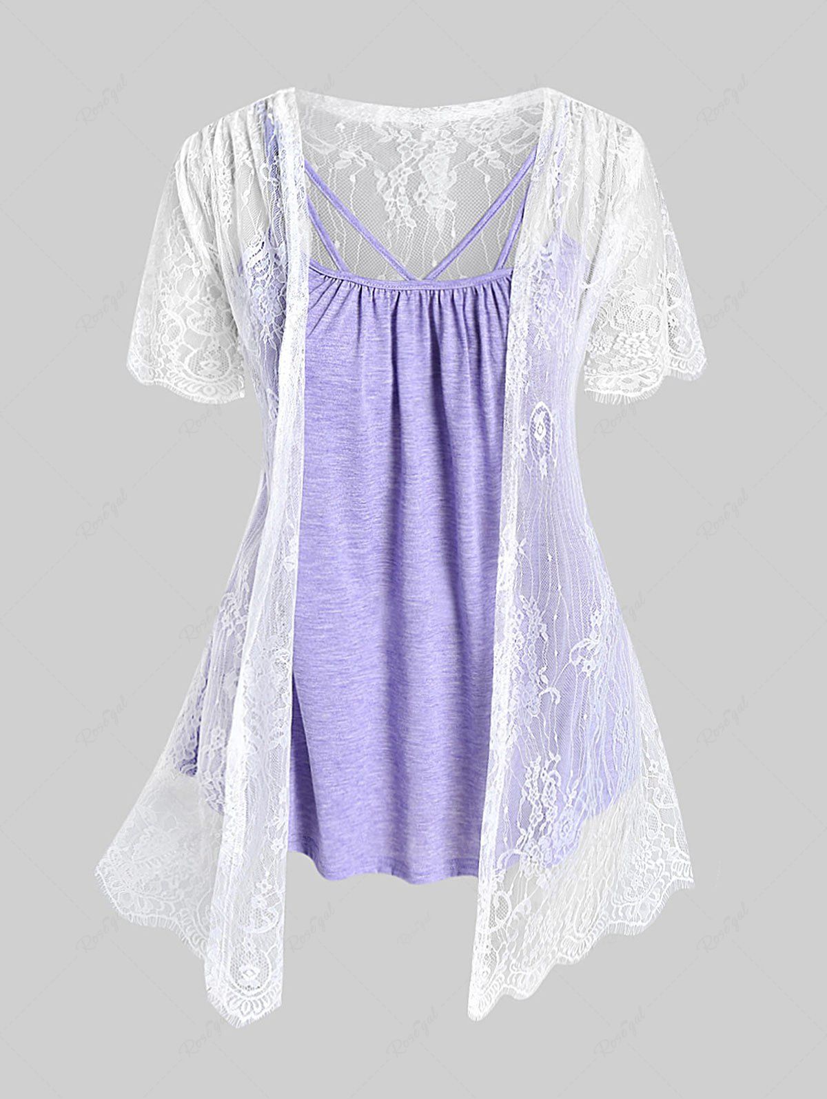Ensemble de Haut Ouvert en Avant en Dentelle Transparente de Grande Taille et de Camisole Pourpre  M | US 10