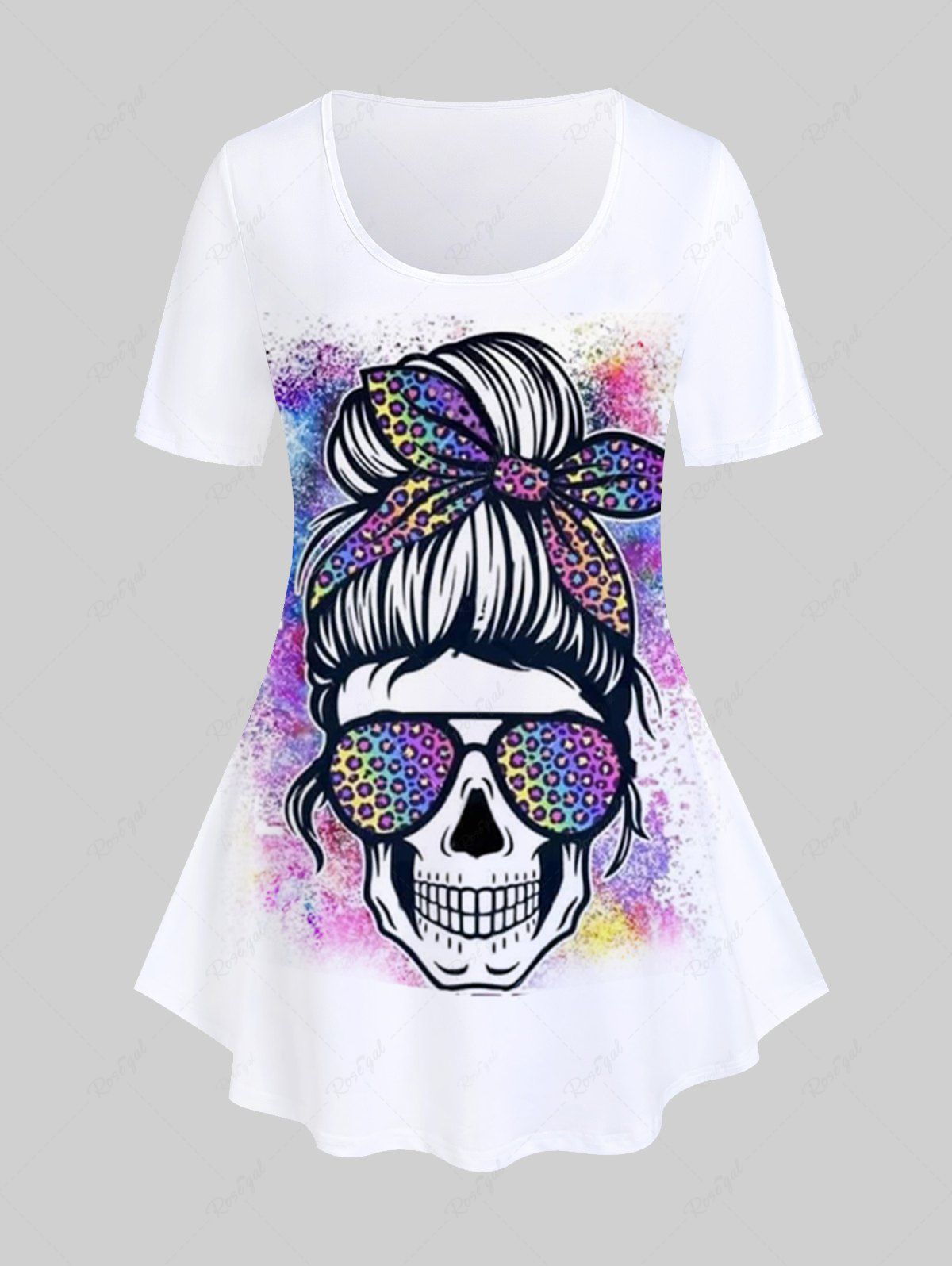 T-shirt Gothique Chignon à Imprimé Crâne Léopard à Manches Courtes Blanc 1x | US 14-16