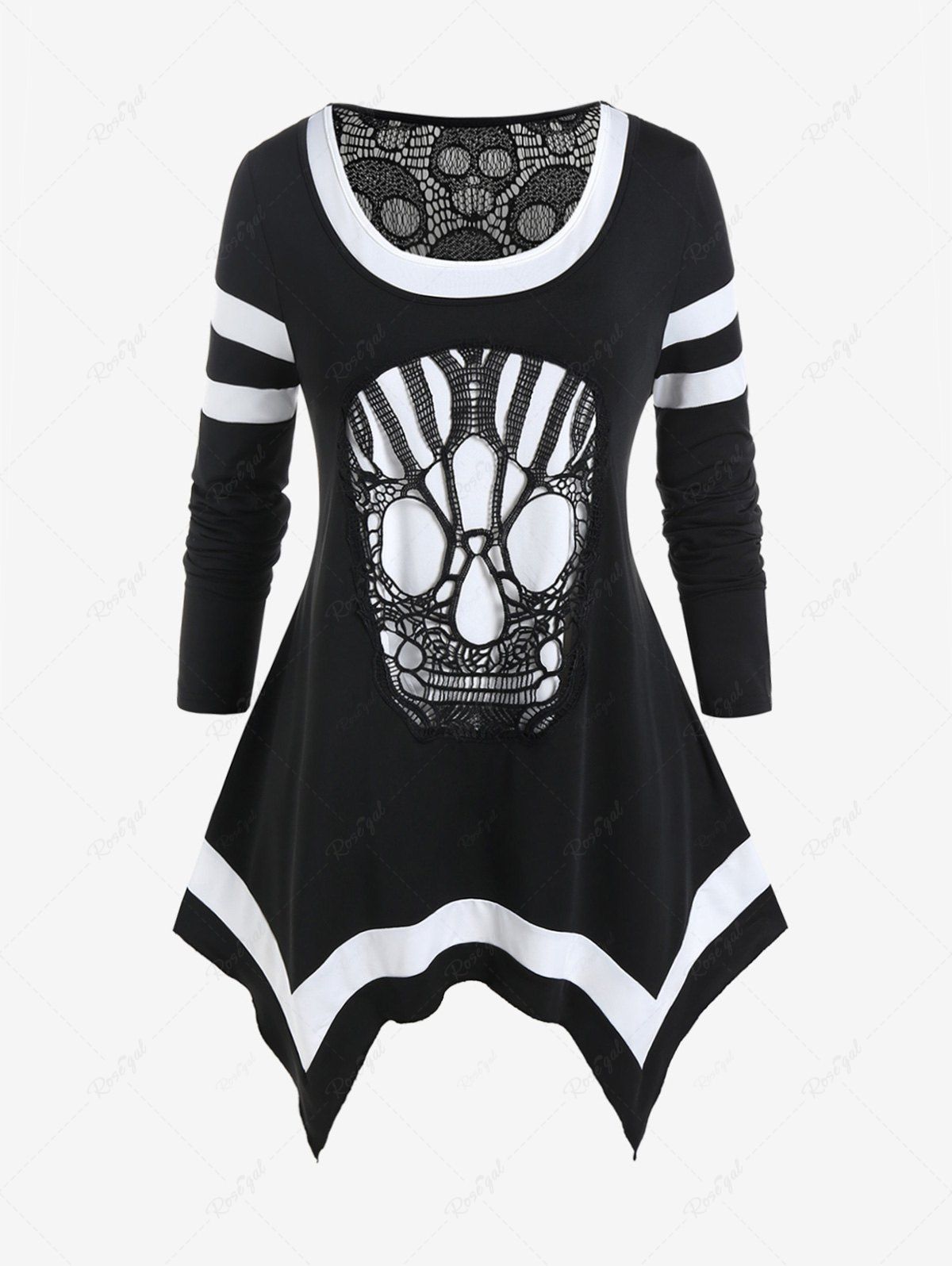 Outfit Gothic Colorblock Skull Lace Handkerchief Tee  