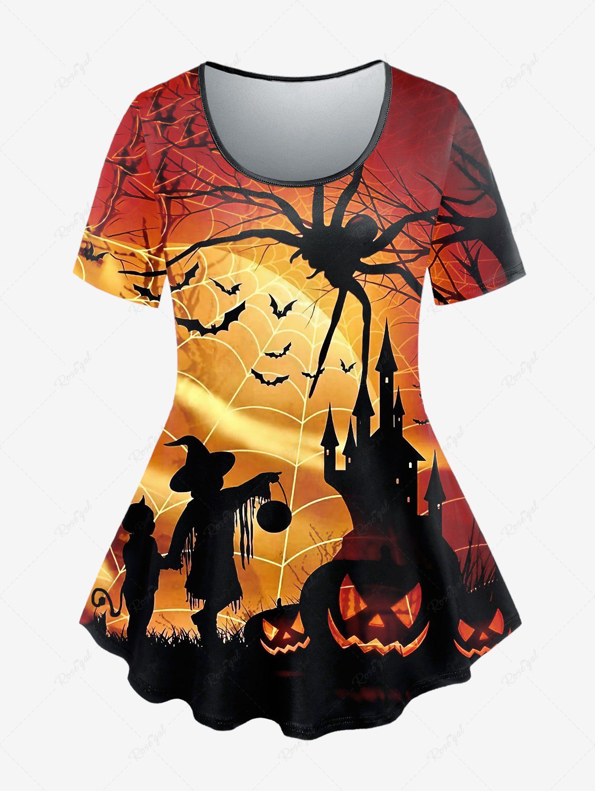 T-shirt D'Halloween à Imprimé Toile D'Araignée Chauve-souris et Citrouille de Grande Taille café 