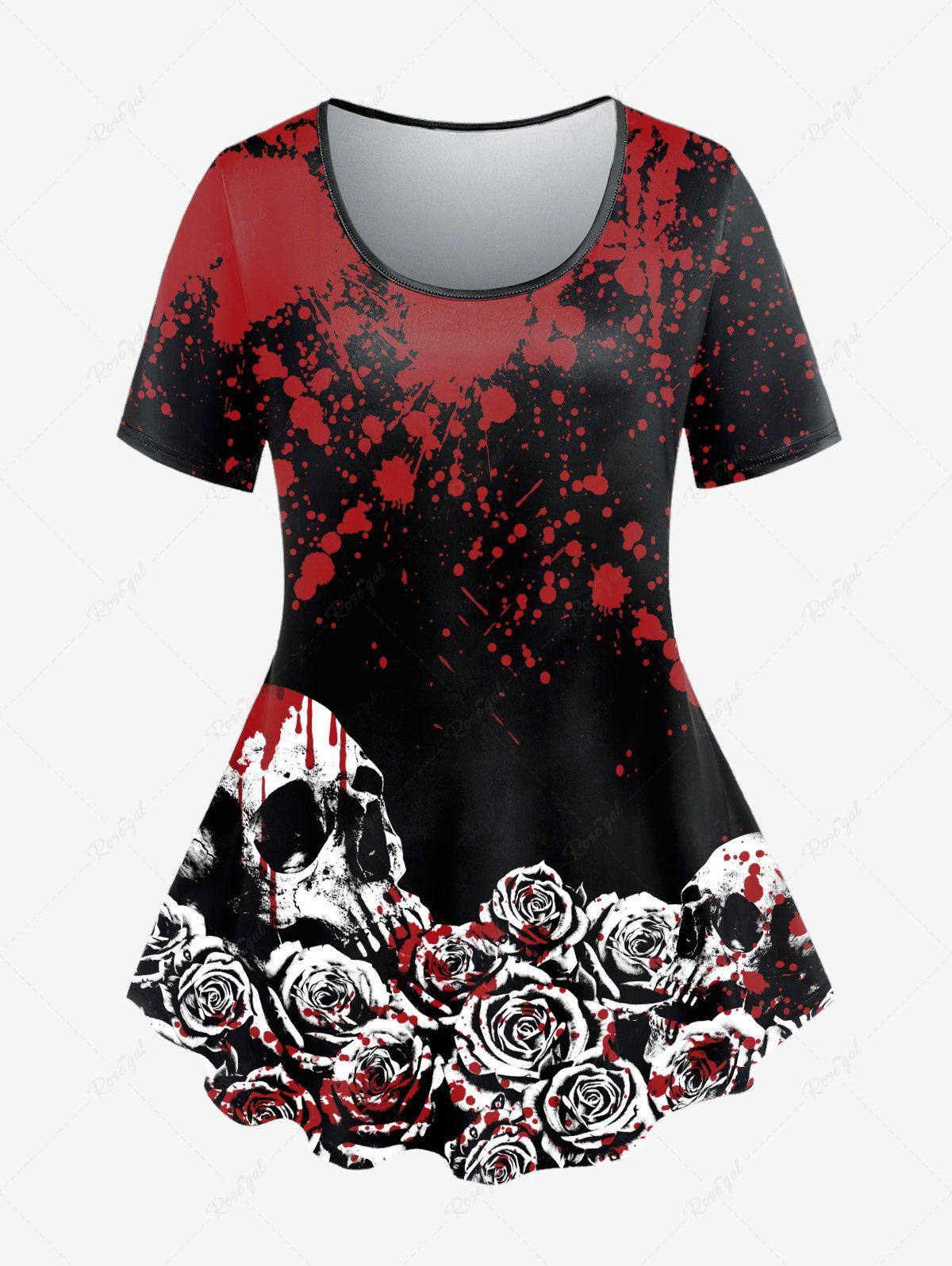 T-shirt Gothique Rose Crâne Sang Manches Courtes Rouge foncé 
