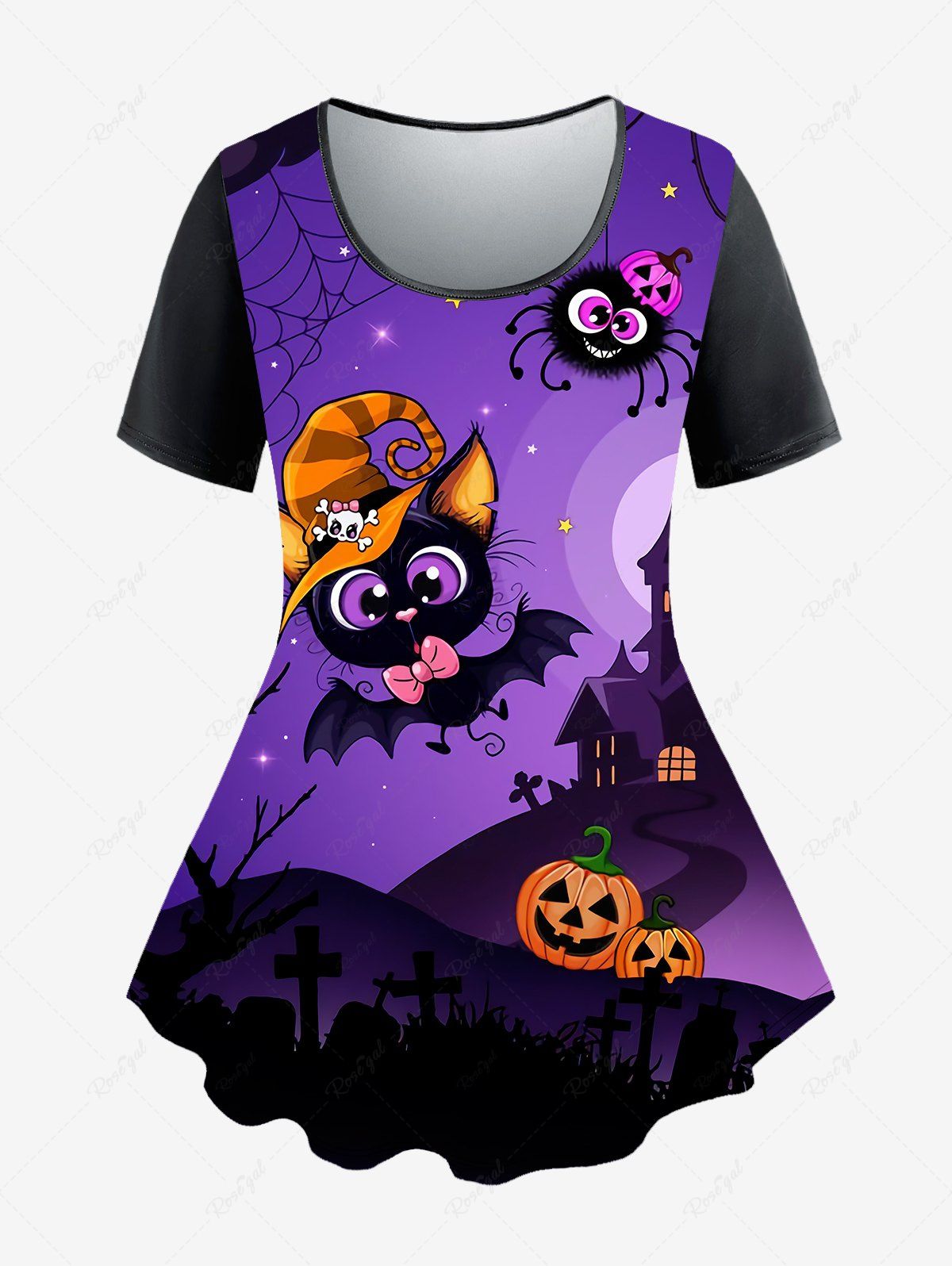 T-shirt D'Halloween à Imprimé Citrouille Chauve-souris et Araignée à Manches Courtes de Grande Taille Pourpre  L | US 12