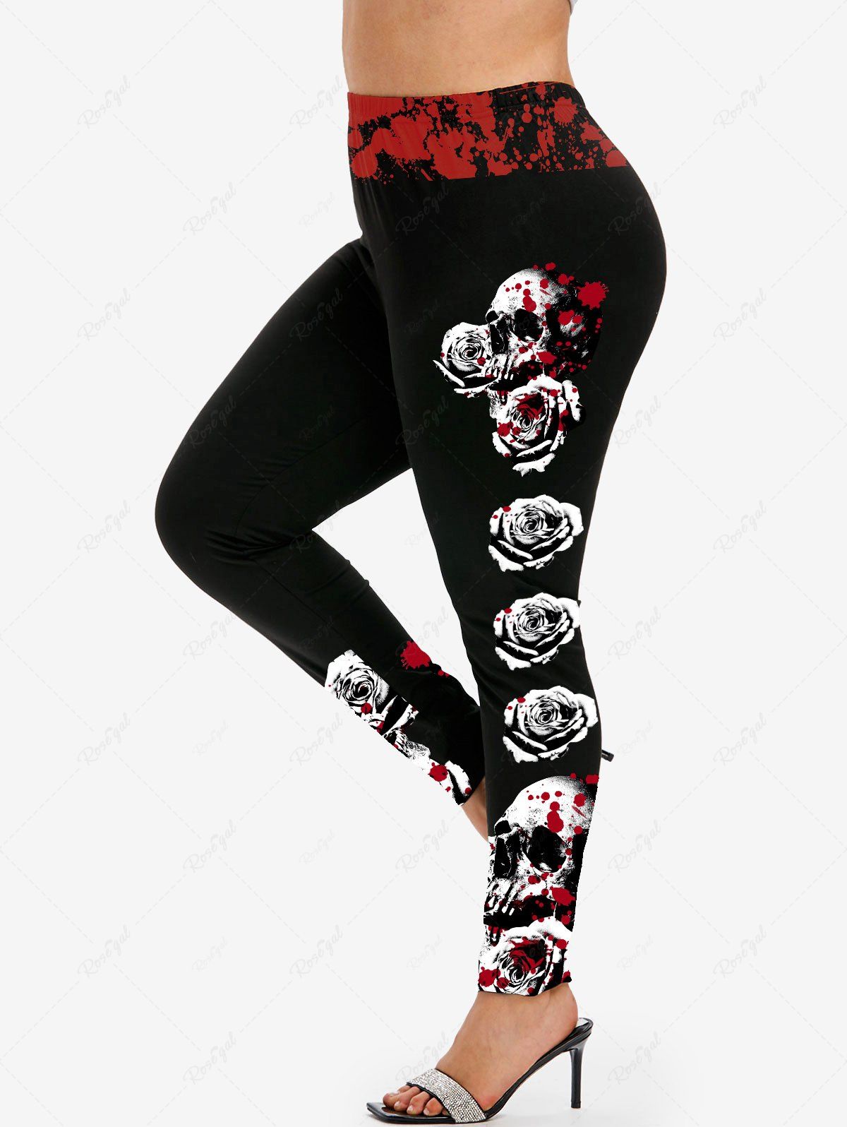 Buy Gothic Bloody Skull Rose Print Skinny Leggings  