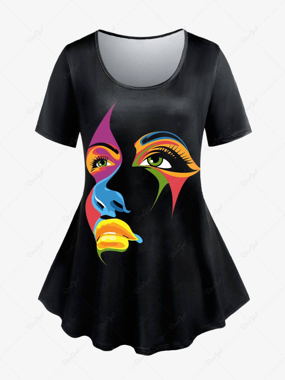 T-shirt Masque de Style Chinois à Imprimé Opéra de Pékin de Grande Taille Noir L | US 12