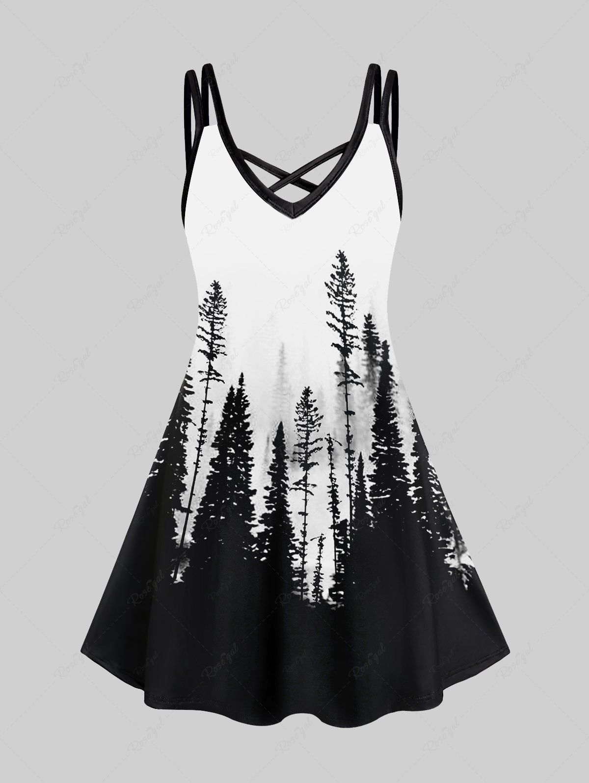 Sale Plus Size Deep Woods Printed Crisscross Sleeveless A Line Dress  