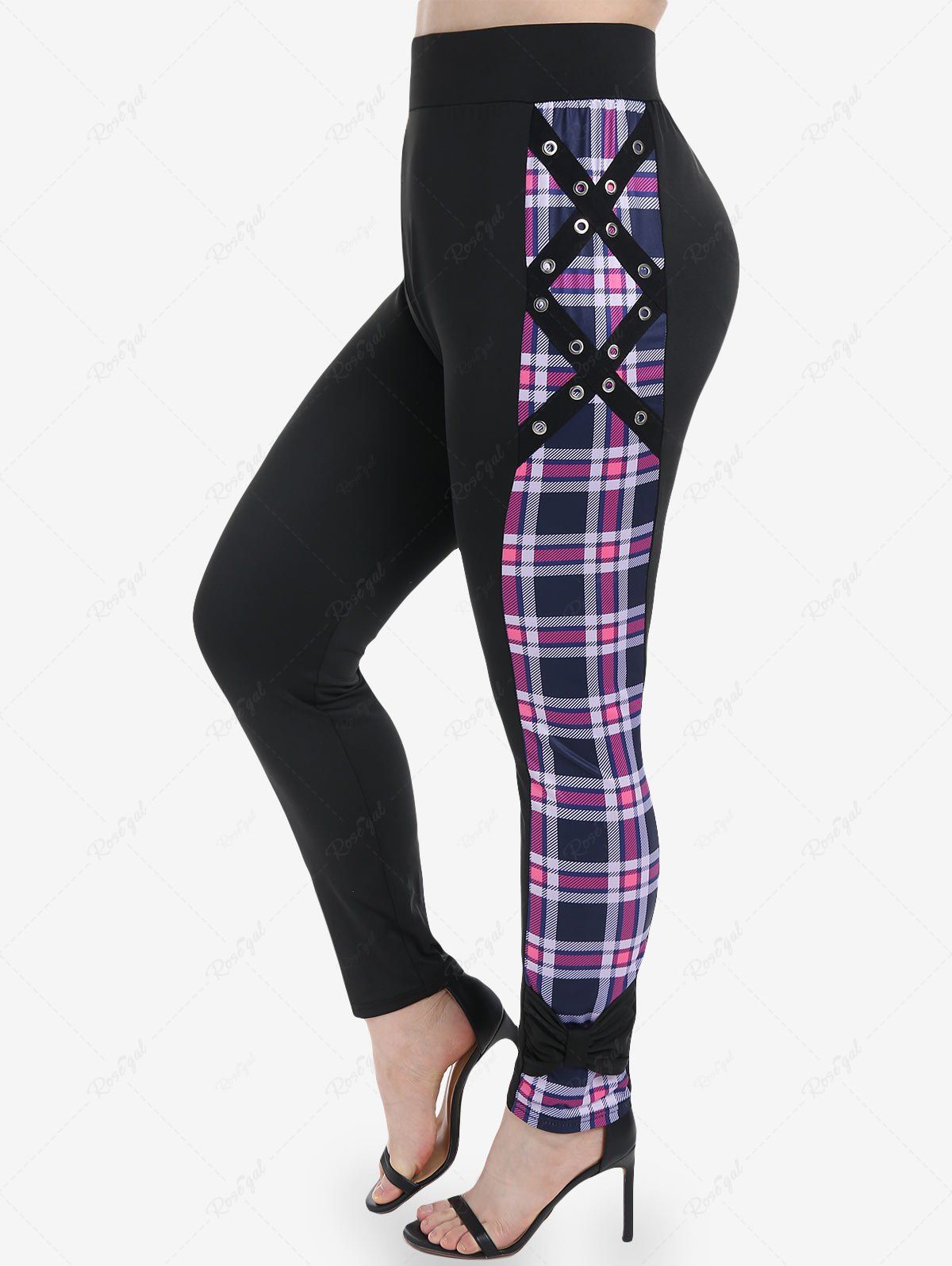 Outfits Plus Size Plaid Grommet Knot Skinny Pull On Pants  