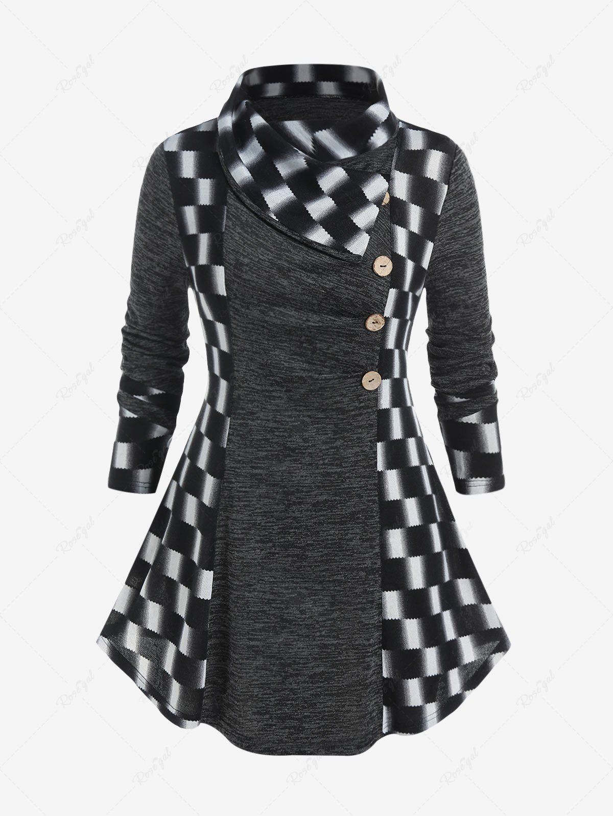 Affordable Plus Size Shawl Collar Checkerboard Tee  