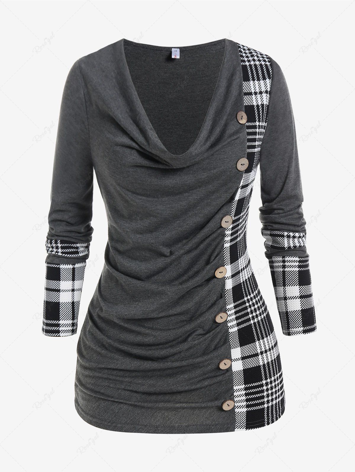 Shops Plus Size Plaid Cowl Neck Draped Long Sleeves T-shirt with Buttons  